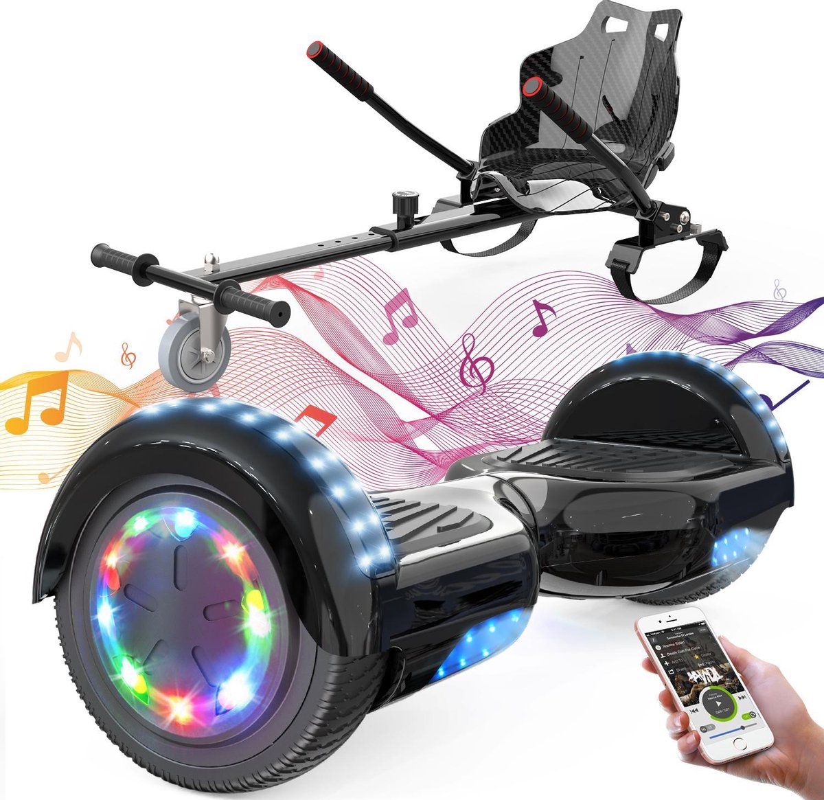Evercross Hoverboard 6.5 Inch | Flits Wielen | Bluetooth Speaker | LED verlichting | Zwart + Hoverkart Zwart