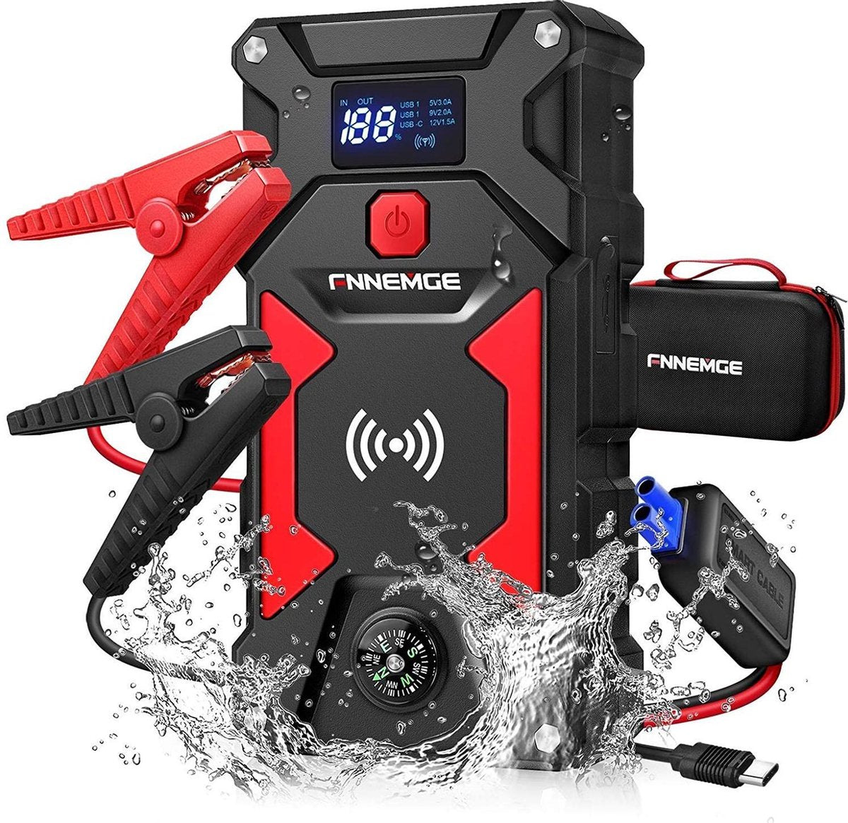 FNNEMGE Auto Jumpstarter – Jump Starter – Acculader –Multifunctionele Powerbank - 8L Benzine of 6.5L Diesel – Inclusief Opbergtas en Sigarettenaansteker - Zwart/Rood