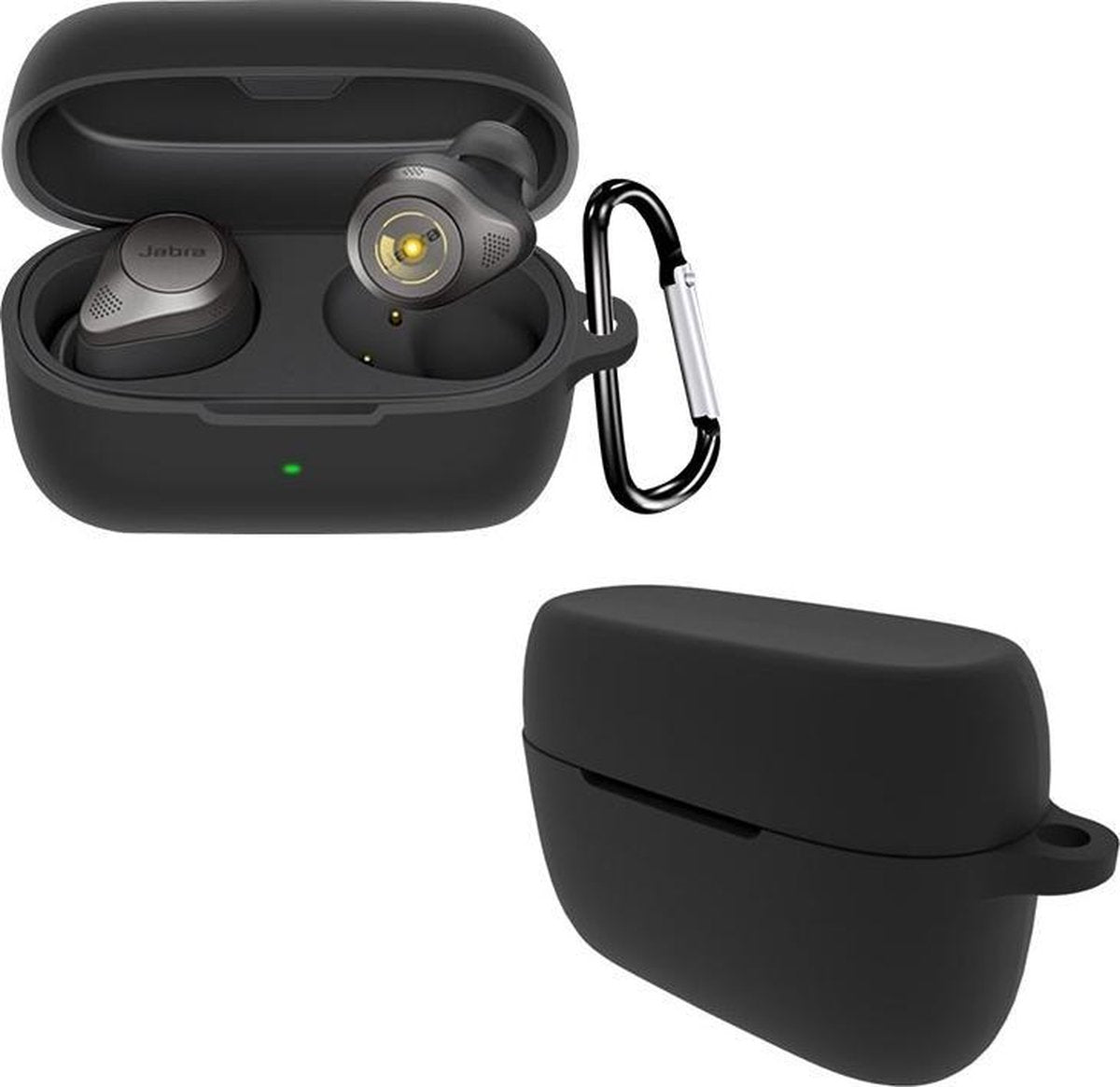 Luxe Siliconen Hoesje Voor Jabra Elite 85T Draadloze Oordopjes - Soft Case Cover Protector - Travel Beschermhoes - Reis Opberghoes Shell Beschermer Hoes - Met Musketon Haakje - Zwart