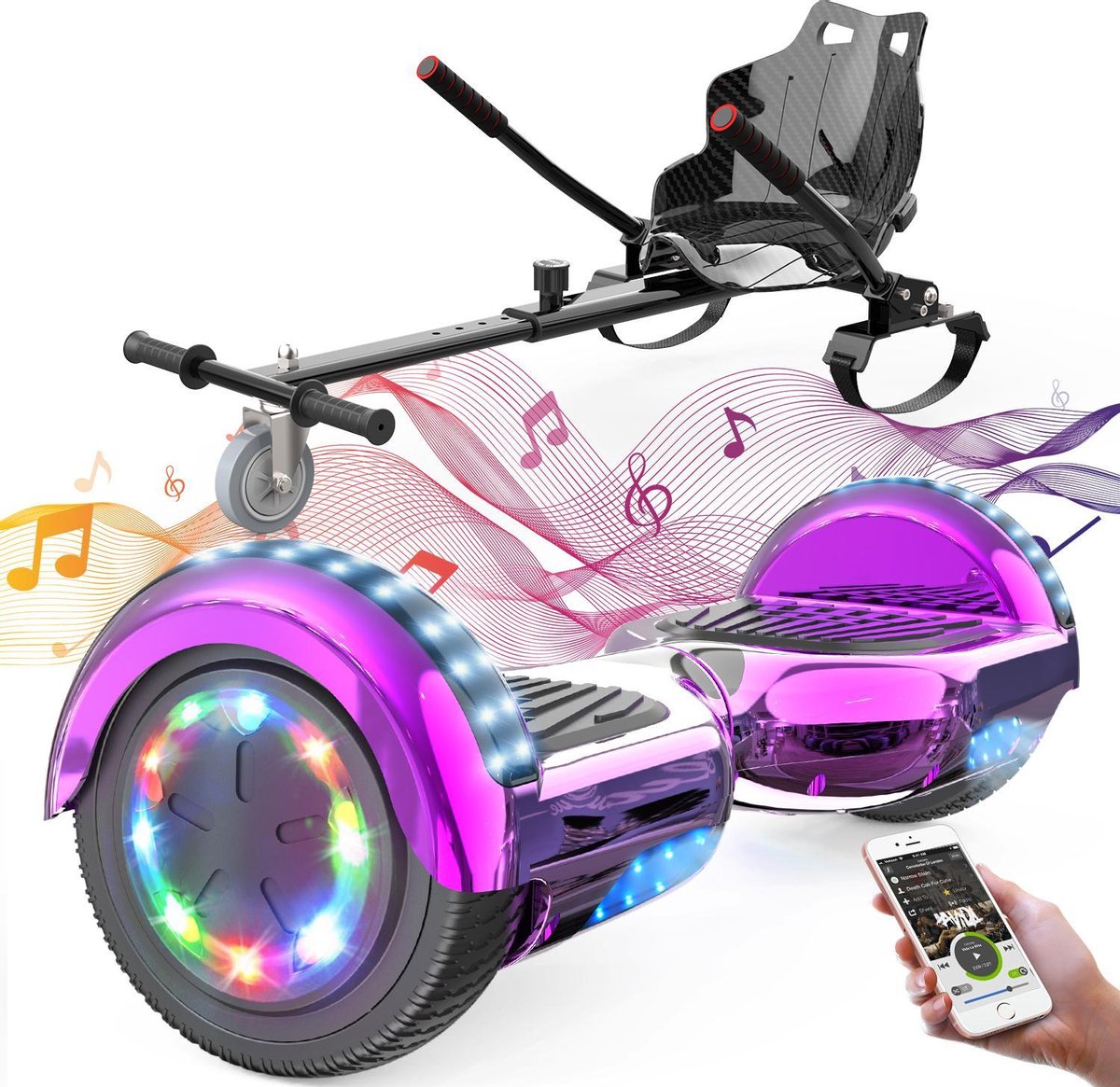 Evercross Hoverboard 6.5 Inch | Flits Wielen | Bluetooth Speaker | LED verlichting | Roze Chroom + Hoverkart Zwart