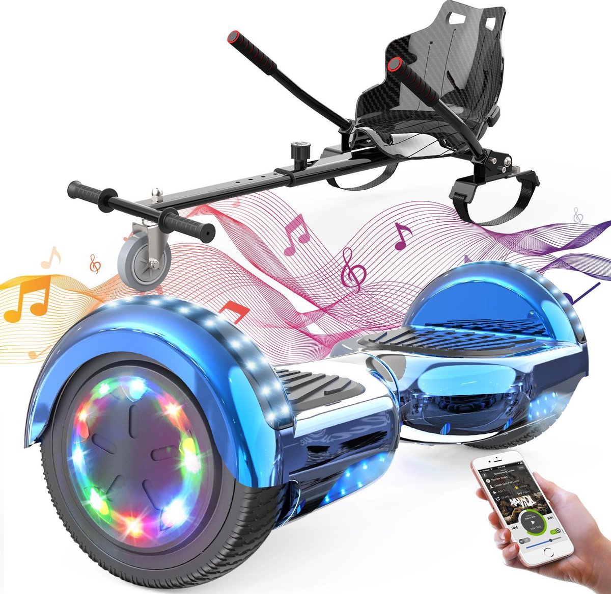Evercross Hoverboard 6.5 Inch | Flits Wielen | Bluetooth Speaker | LED verlichting | Blauw Chroom + Hoverkart Zwart