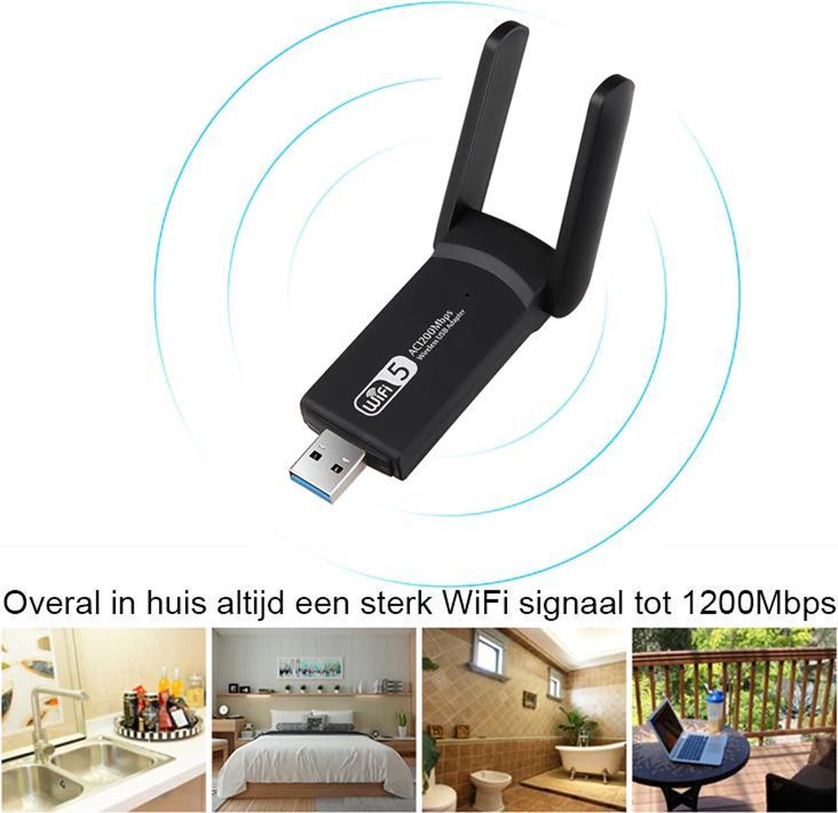Super snelle 2.4 & 5 GHz - 1200 Mbps USB Dongel - Met dubbele antenne - Netwerkadapter - Laptop - Notebook - Desktop - PC - Computer