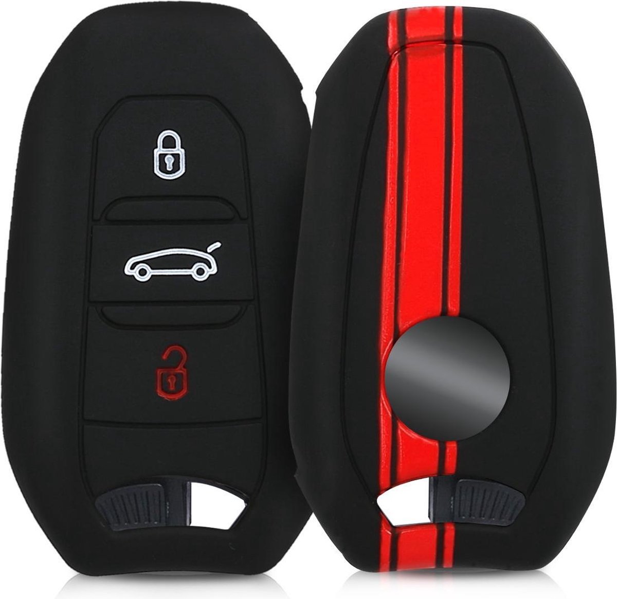 kwmobile autosleutelhoes voor Peugeot Citroen 3-knops Smartkey autosleutel (alleen Keyless Go) - Siliconen beschermhoes in rood / zwart - Rallystrepen design