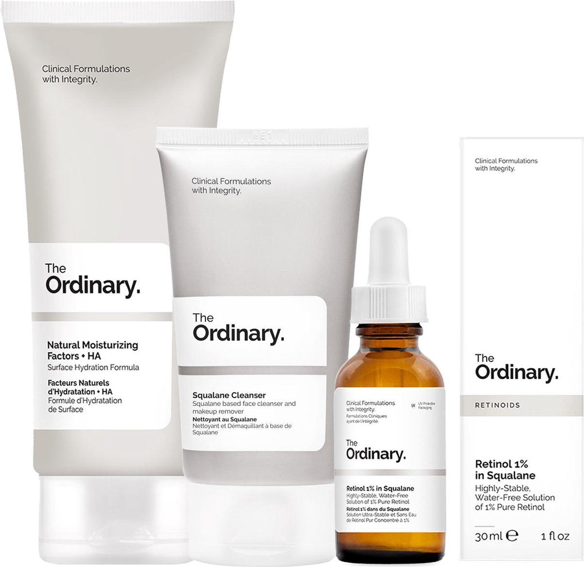 The Ordinary trio set – beauty set voor minimaliseren en tekenen van veroudering te verminderen - anti-aging - Squalane Cleanser - Natural Moisturising Factors + HA - Retinol 1% in Squalane - Anti rimpel