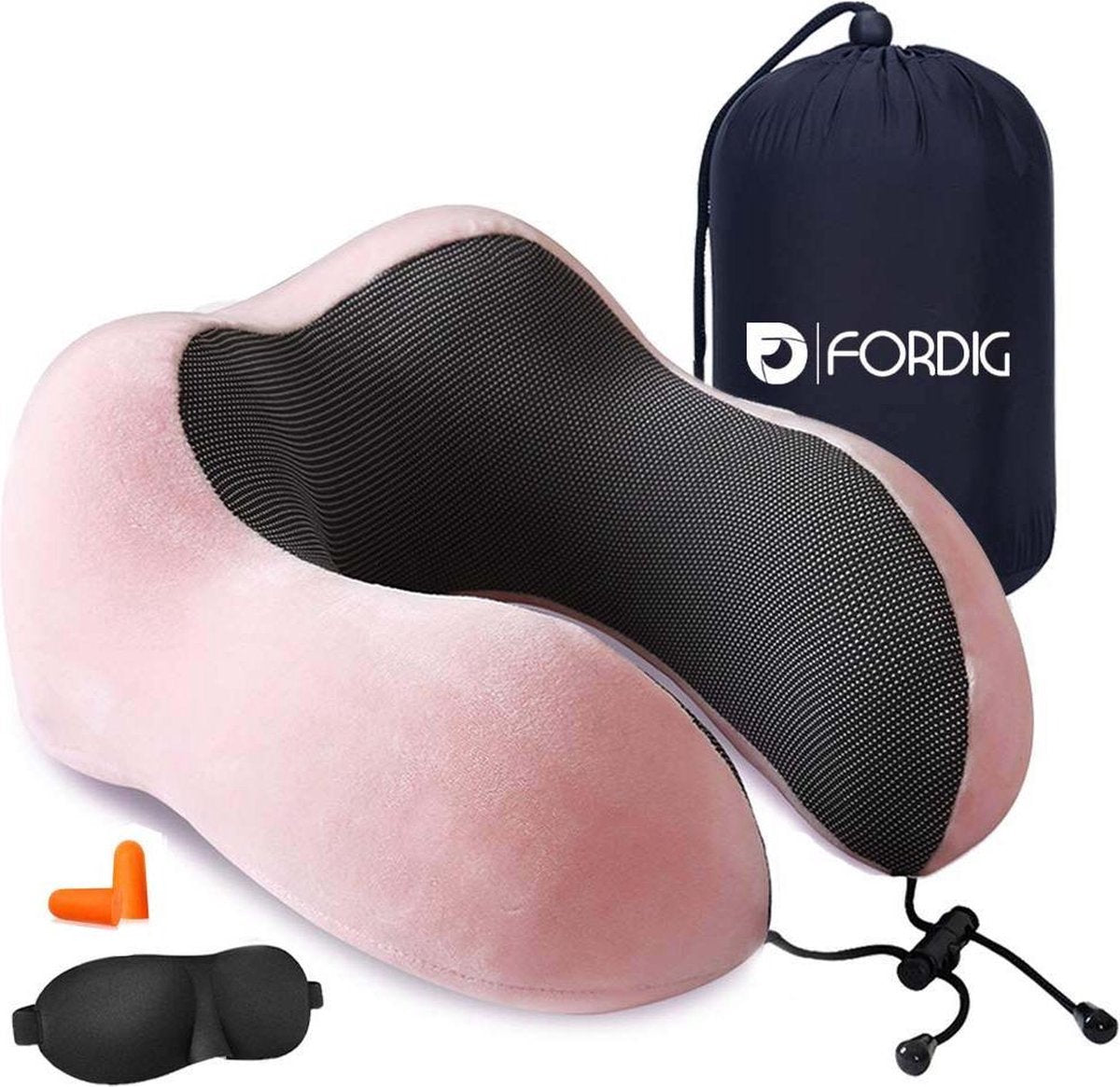 ForDig Traagschuim Nekkussen Inclusief Slaapmasker & Oordopjes– Memory Foam Reiskussen – Travel Pillow – Vliegtuig Kussen – Neksteun Reiskussentje - Roze