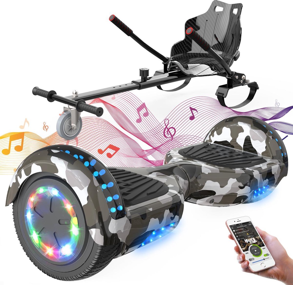 Evercross Hoverboard 6.5 Inch | Flits Wielen | Bluetooth Speaker | LED verlichting | Camouflage + Hoverkart Zwart