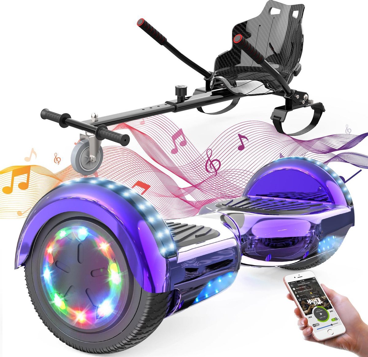 Evercross Hoverboard 6.5 Inch | Flits Wielen | Bluetooth Speaker | LED verlichting | Paars Chroom + Hoverkart Zwart