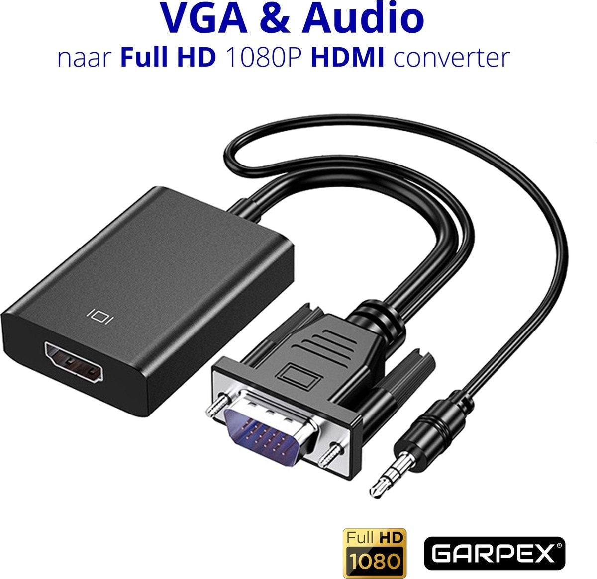 Garpex® VGA (+ Audio) naar HDMI Adapter Converter Universeel - Met 3.5MM Jack Aux & USB Voeding Kabel - Analoog Naar Digitaal Video Omvormer - Male To Female - 1080P Full HD – Zwart