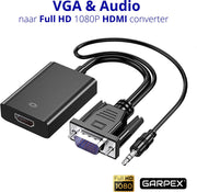 Garpex® VGA (+ Audio) naar HDMI Adapter Converter Universeel - Met 3.5MM Jack Aux & USB Voeding Kabel - Analoog Naar Digitaal Video Omvormer - Male To Female - 1080P Full HD – Zwart