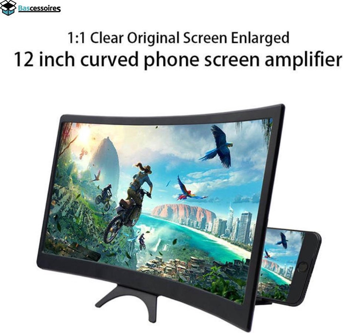 Bascessoires Beeldscherm vergroter HD- Vergrootglas voor Smartphone HD-  Geschikt voor elke smartphone- Curved Scherm 3D - 12 Inch/ 30 CM Telefoon Beamer HD - Curved Beeldschermvergroter
