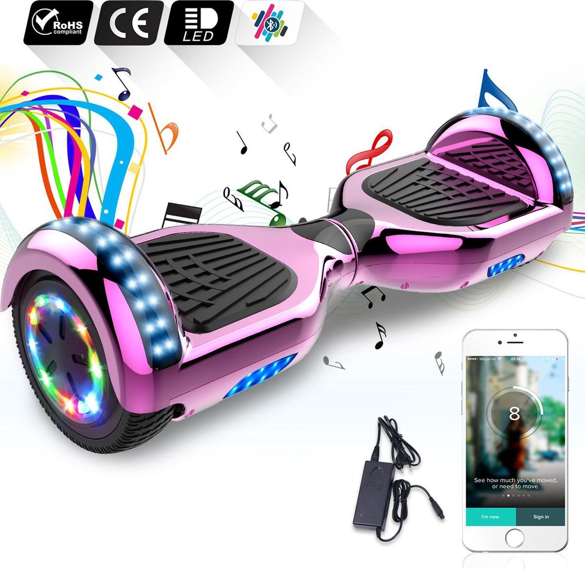 Evercross Hoverboard 6.5”| Flits Wielen | Bluetooth en LED verlichting | Roze Chroom