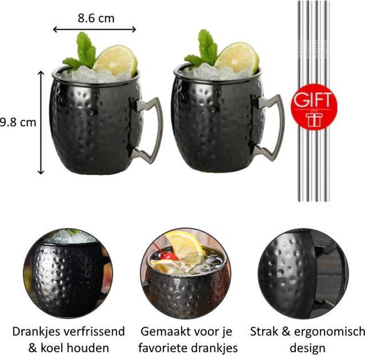 Moscow Mule Bekers set - Cocktail set - Koperen beker Zwart - Set van 2 - Inclusief RVS rietjes
