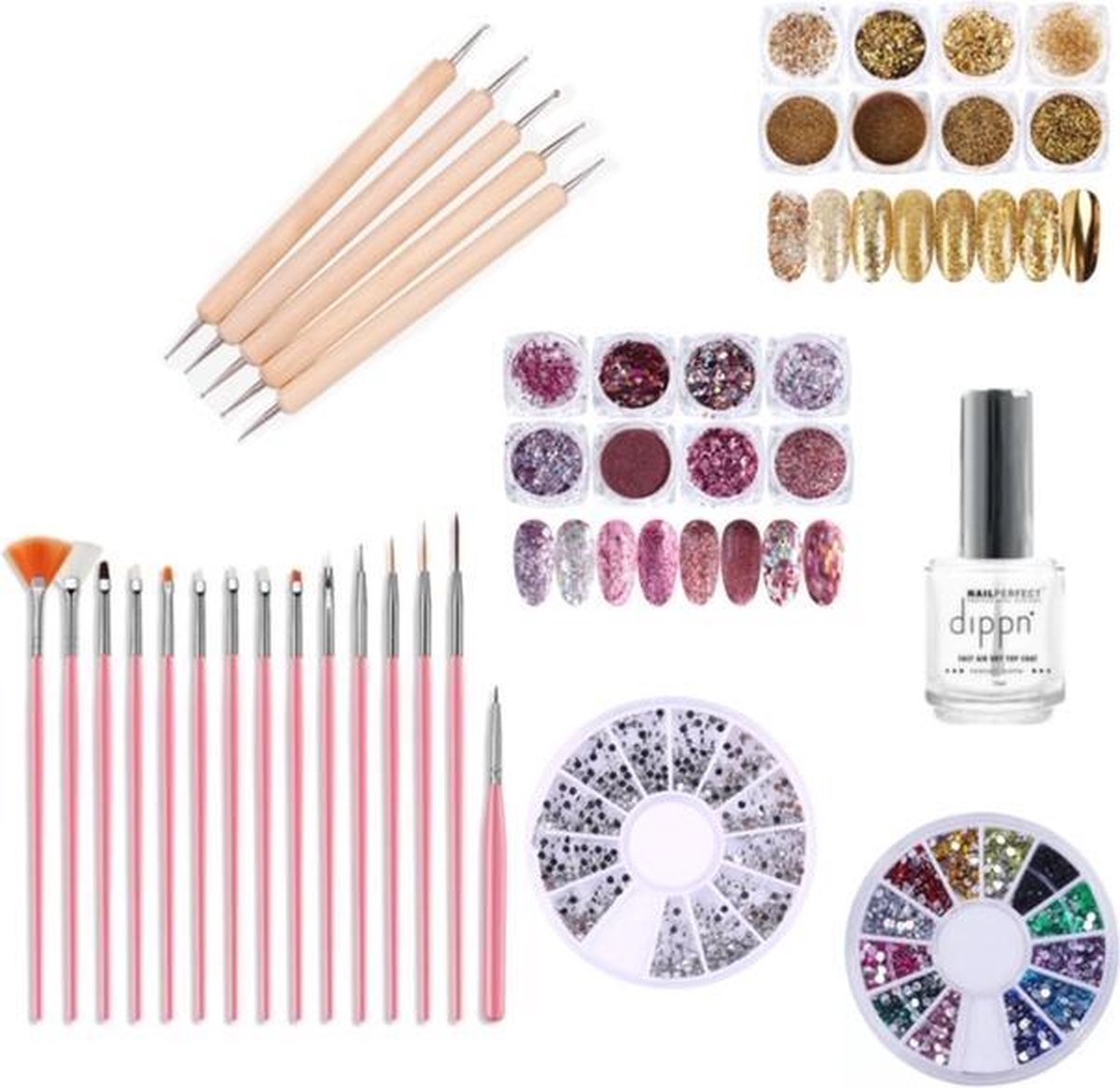 Nail Art Set Deluxe - Rhinestones + Nail Art Penselen 15 stuks + Dotting Pennen + Top Coat - Nagel versiering set Super Deal!