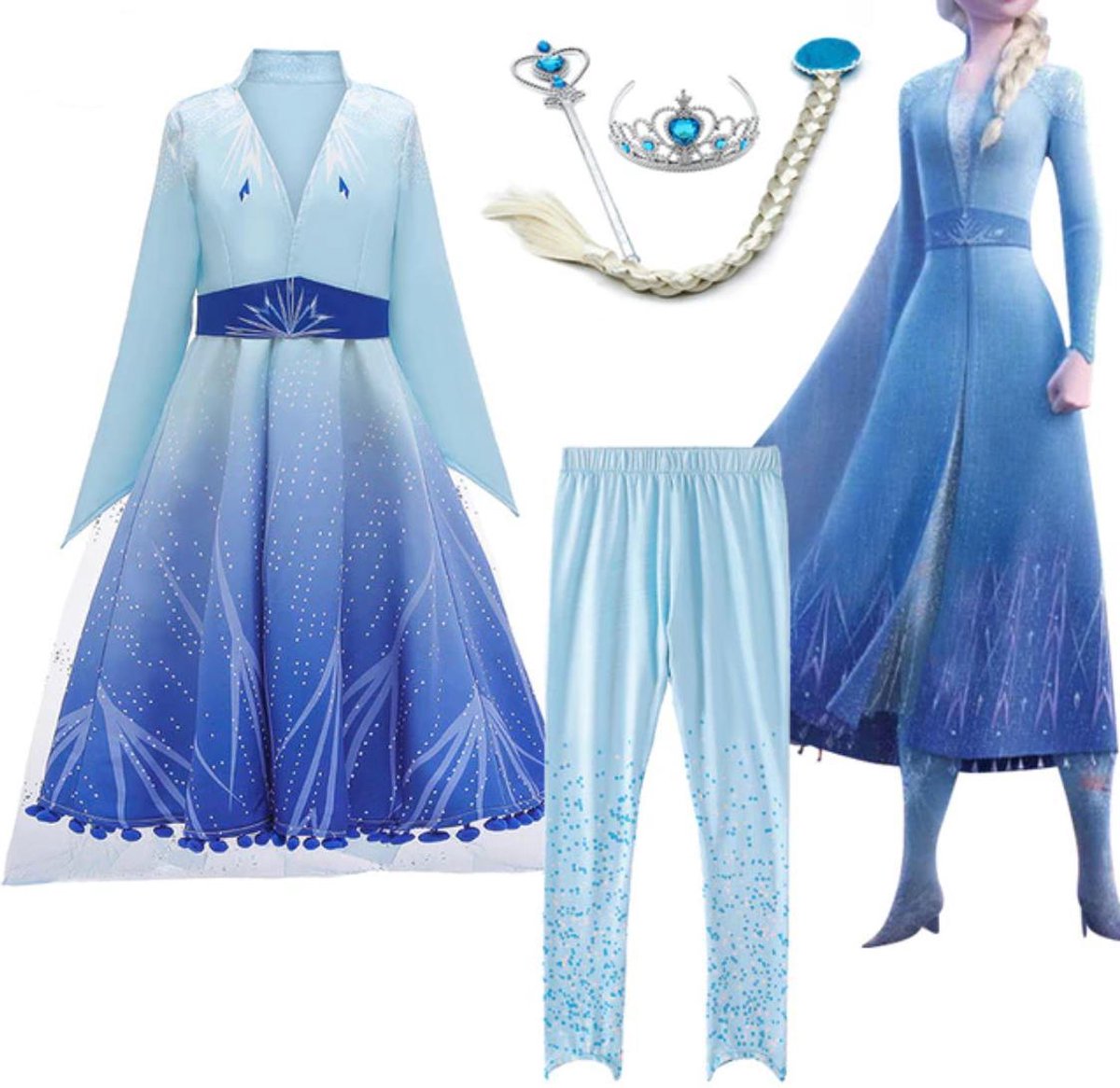 WiseGoods - Frozen Elsa Jurk - Prinsessen Verkleedkleren Meisje - Carnavalskleding Set Kinderen - Maat 146-152 - Blauw