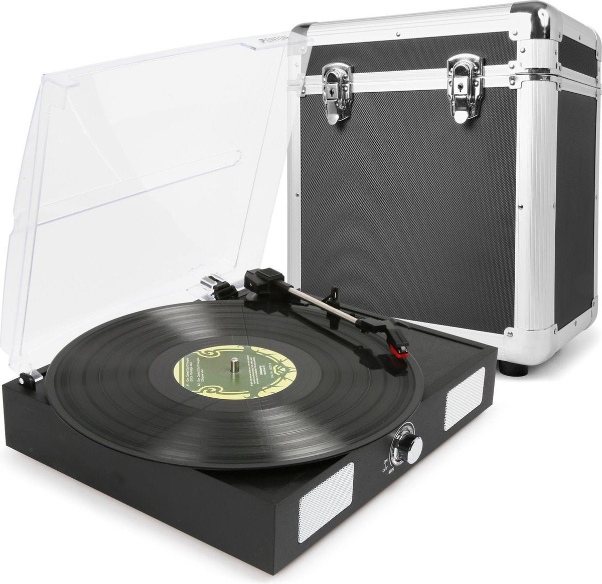 Platenspeler - Fenton RP108B platenspeler met ingebouwde speakers en zwarte platenkoffer voor 60 platen