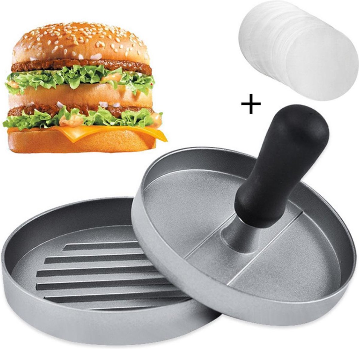 Hamburgerpers - BBQ Accessoires - Antiaanbaklaag - Perfecte Hamburgerpers - BBQ Accessoires + Gratis Waxpapier
