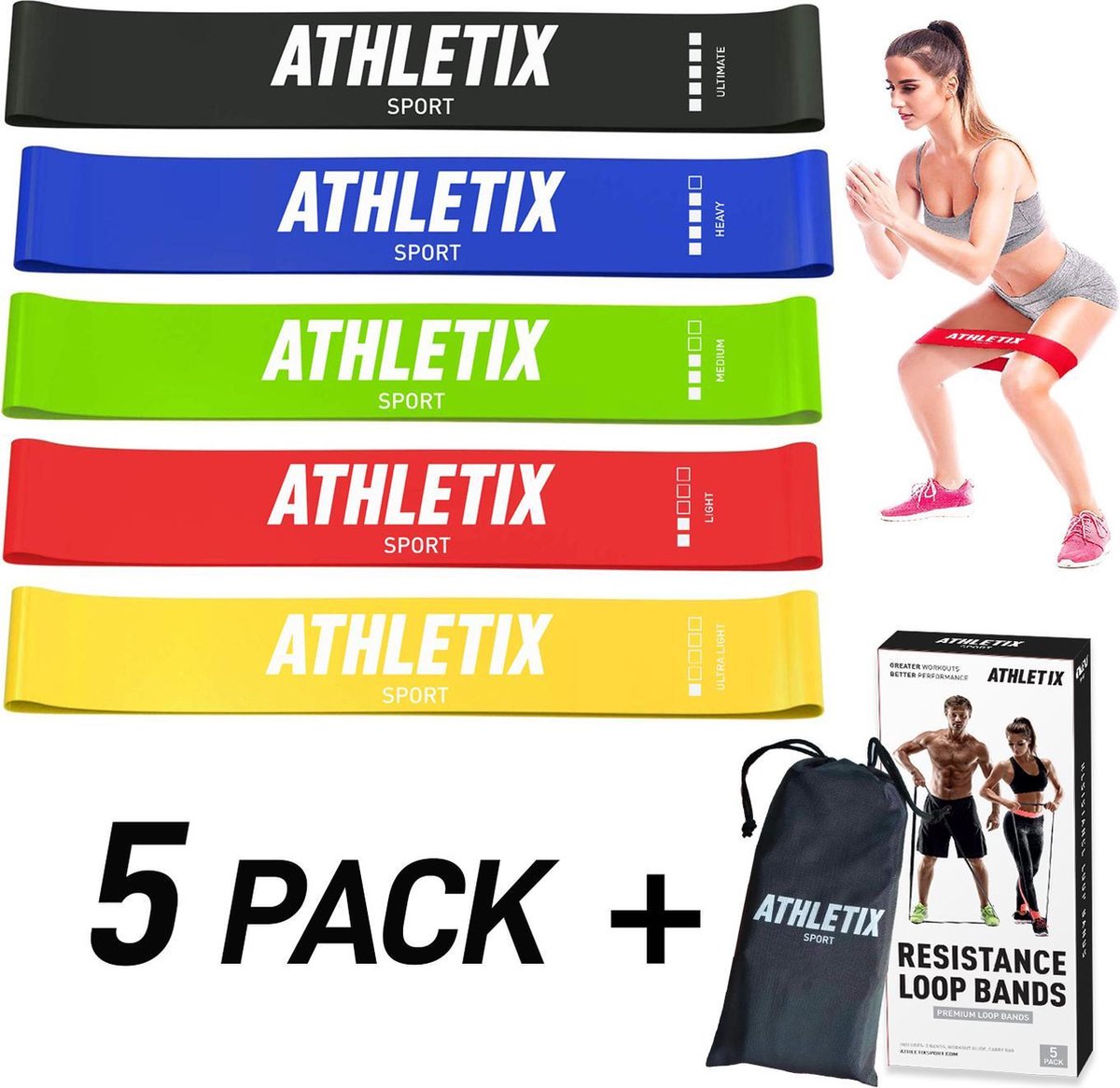 Athletix® - Weerstandsbanden Set van 5 - Met Gratis Draagtas en Oefeningen