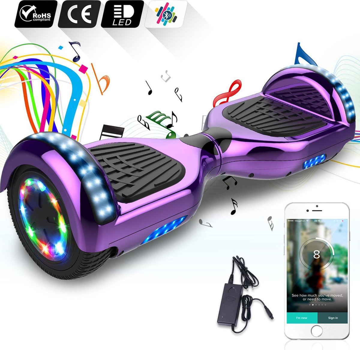 Evercross Hoverboard 6.5”| Flits Wielen | Bluetooth en LED verlichting | Paars Chroom