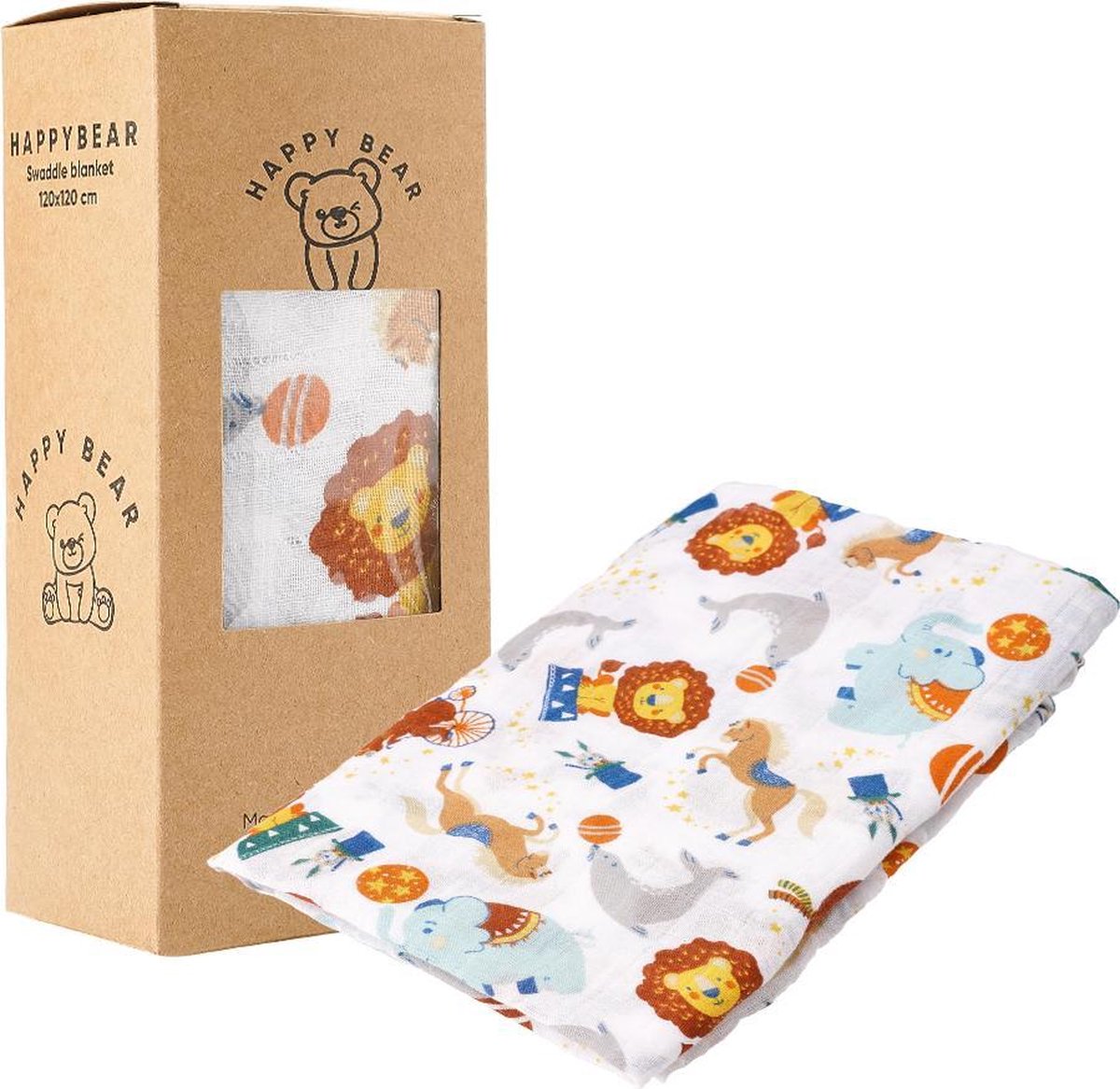 HappyBear - Hydrofiele swaddle doek – Circus | 120cm x 120cm | Inbakerdoek