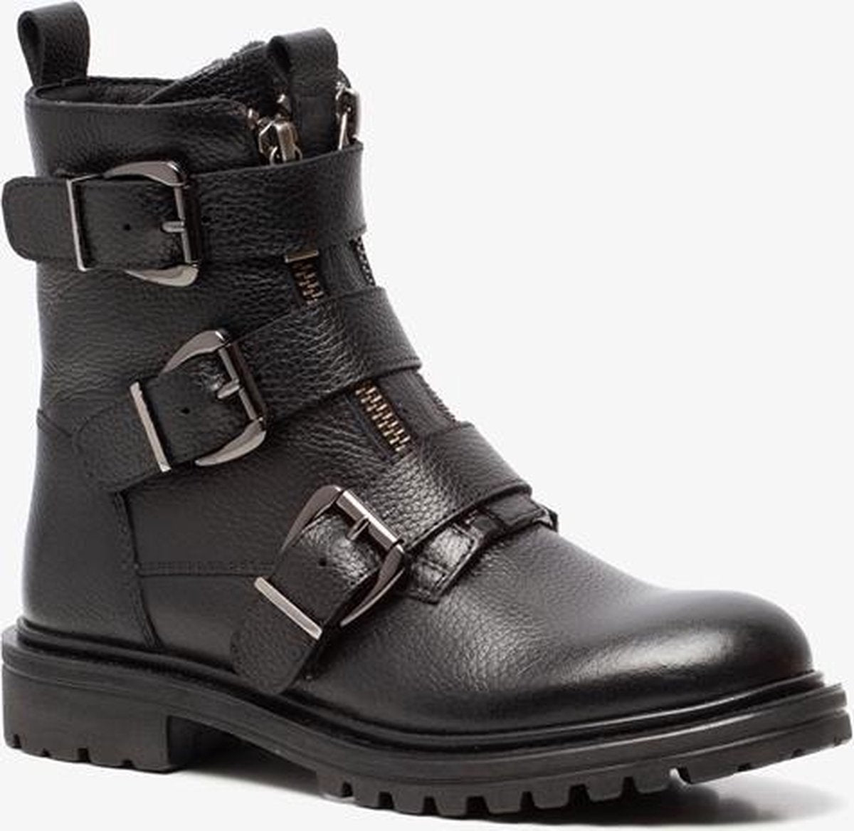 Groot leren meisjes biker boots - Zwart - Maat 33