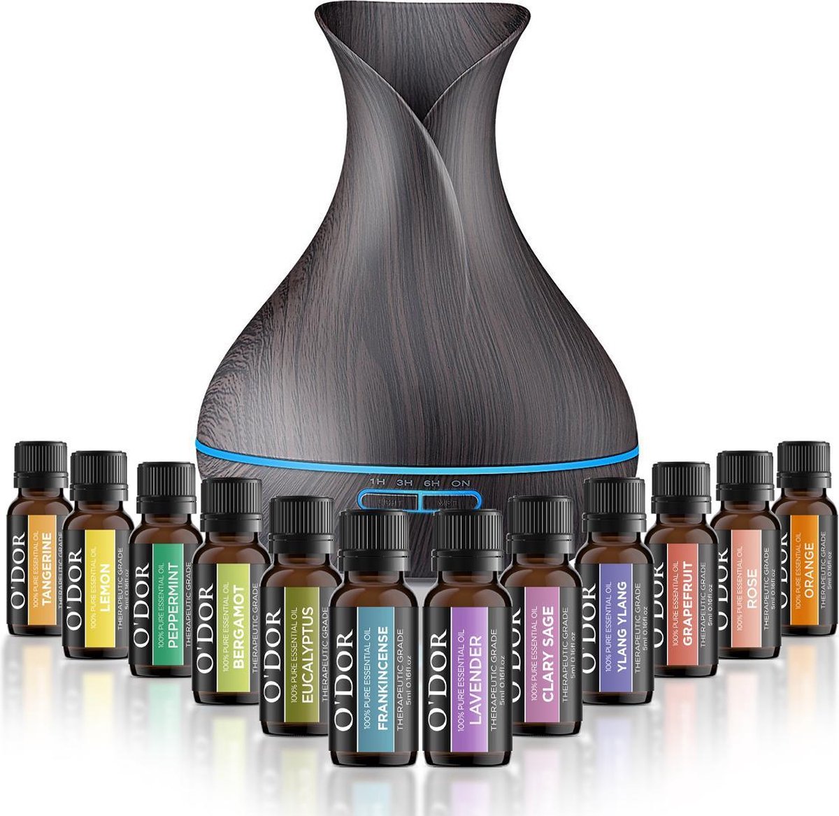 O'dor® Cadeau Set Aroma Diffuser met Extra 12 flesjes Etherische Olie - Vernevelaar - Luchtbevochtiger – Verdamper – Aromatherapie - Geurverspreider - Donkerbruin