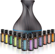 O'dor® Cadeau Set Aroma Diffuser met Extra 12 flesjes Etherische Olie - Vernevelaar - Luchtbevochtiger – Verdamper – Aromatherapie - Geurverspreider - Donkerbruin