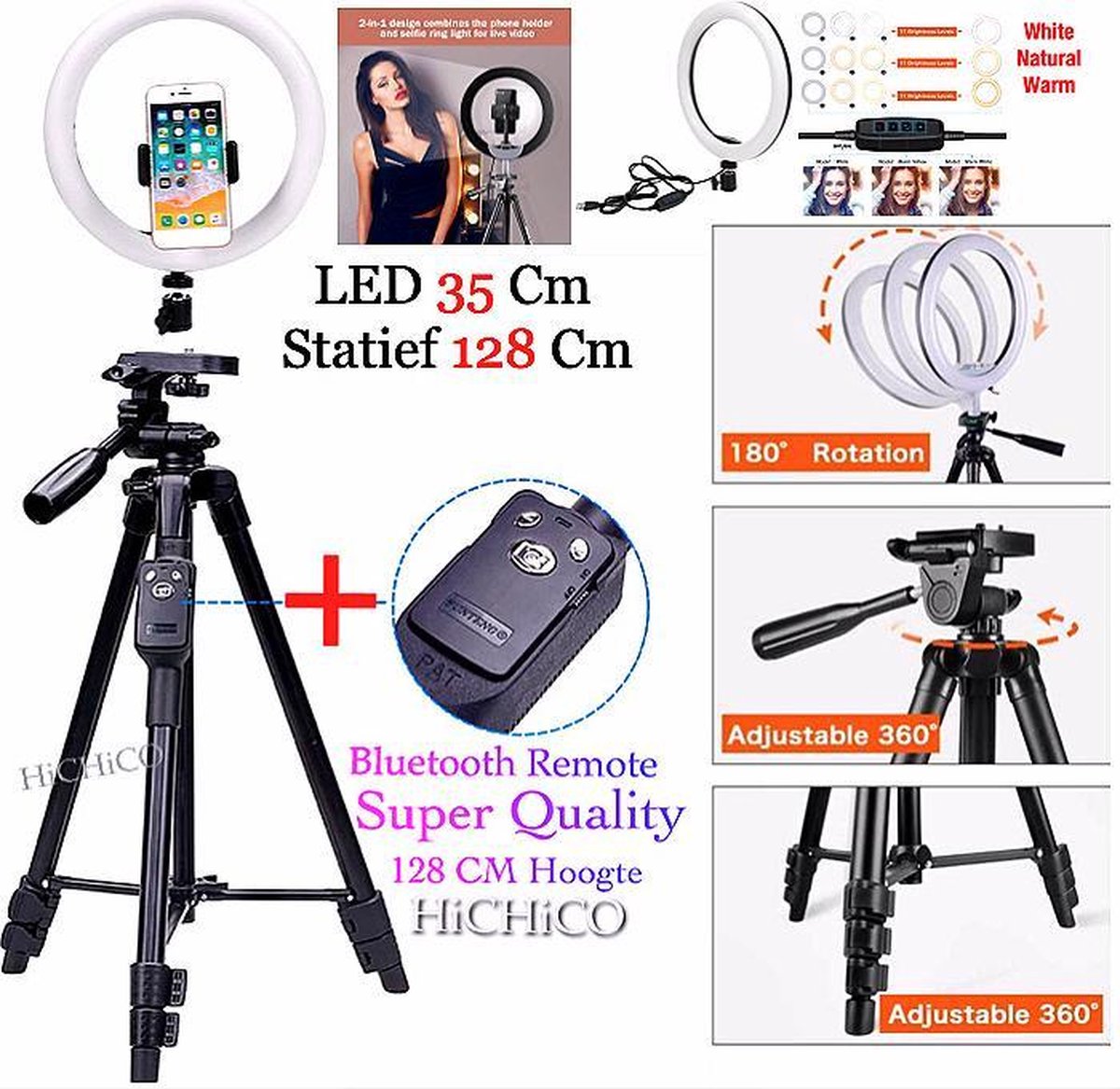 LED Ring Lamp 35 Cm Inclusief Professioneel Universeel Camera Statief  + Bluetooth Remote Shutter / lamp -Ringlamp - Statief - Tik tok - flitser – Make up light – Studiolamp – Ring Light – HiCHiCO