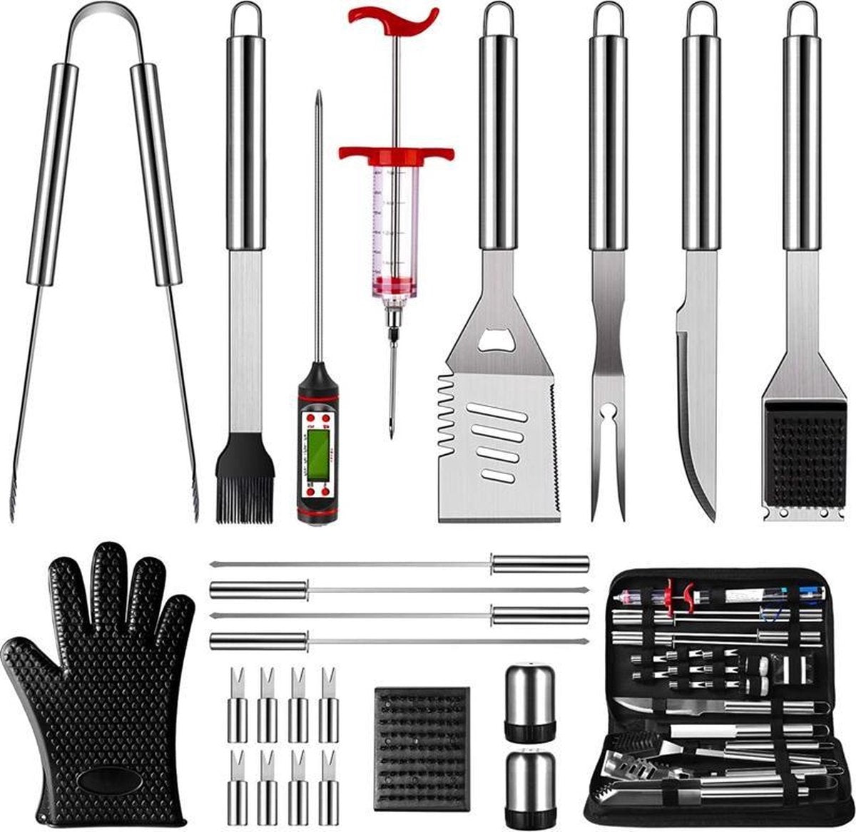 Luxergoods 25-Delige Luxe BBQ Gereedschap Accesoires Set - Barbecue Gereedschapset - Tangenset - Roestvrij Staal