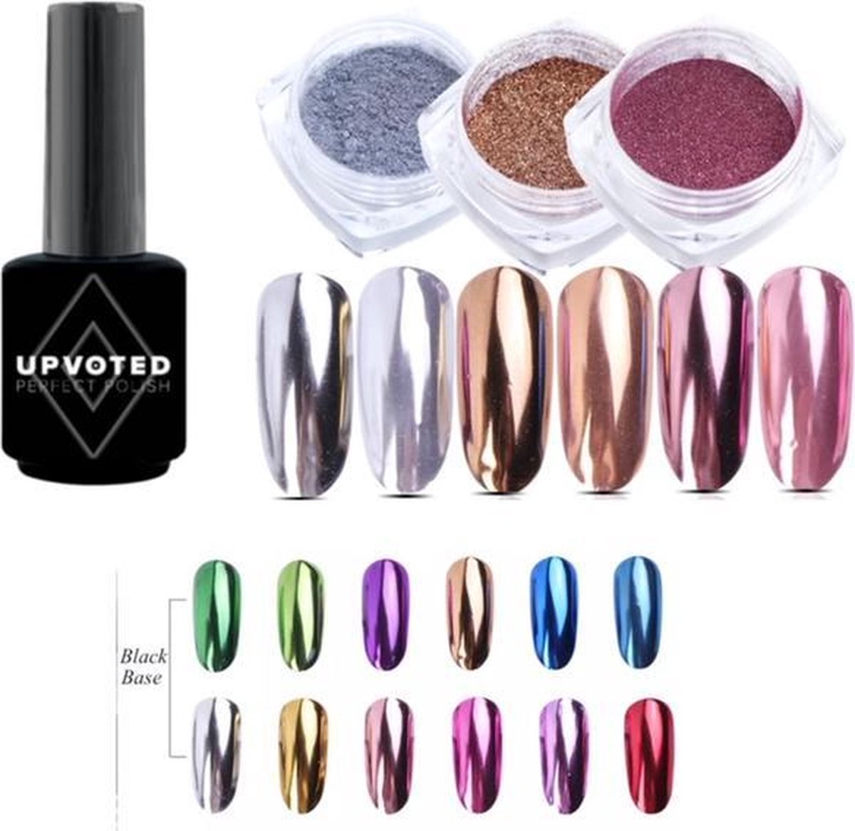 Holografische Glitter Poeder Set - Zwarte Gellak + Goud & Zilver & Roze - Nail Art – Rhinestones - 4 stuks