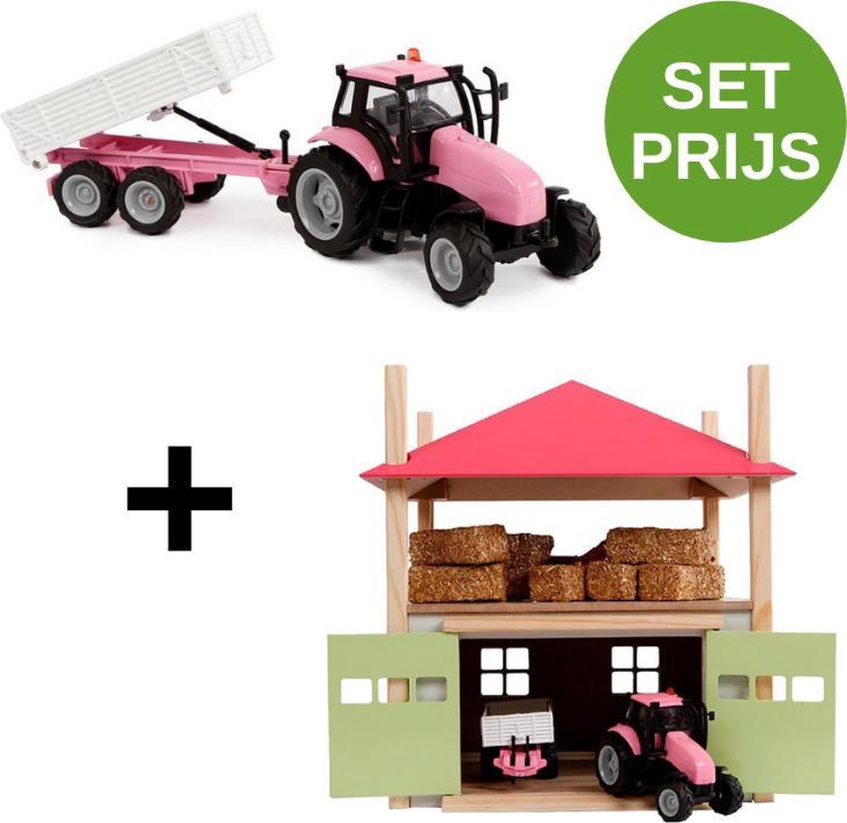 Kids Globe SET KIDS GLOBE HOOIBERG HOUT MET BERGING + TRACTOR MET AANHANGER 1:32 roze