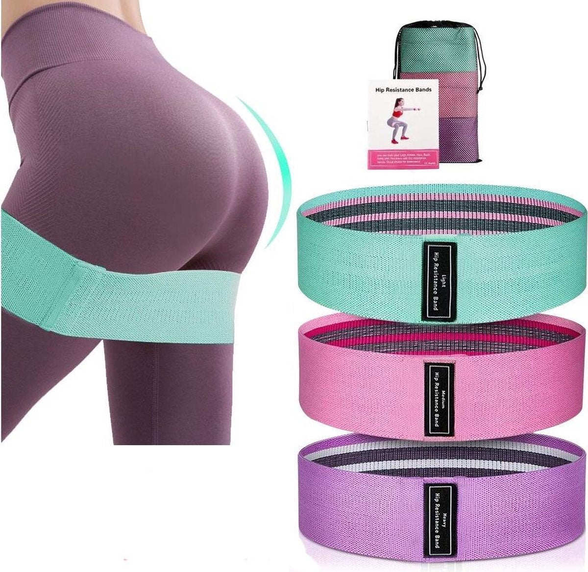 Nixnix - Weerstandsbanden set - 3 stuks- Resistance band fitness- 3 verschillende weerstandsniveaus - Booty band set - Blauw Roze Paars