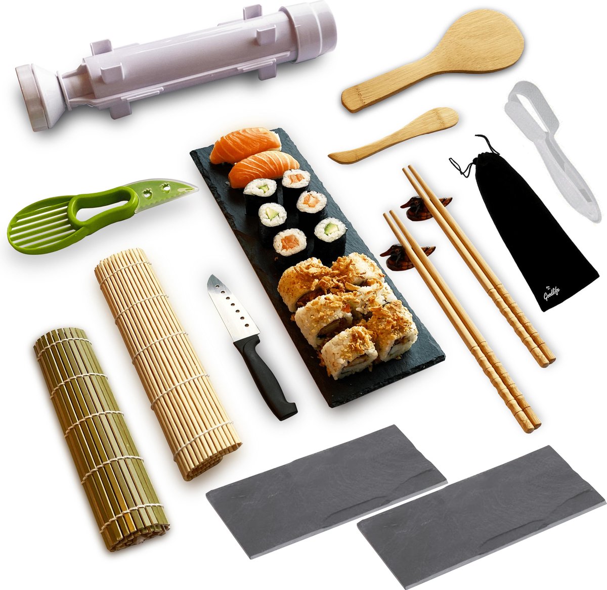 Goodlife® XXL Deluxe Sushi Maker Set - 15 delig - Sushi Bazooka - Rolmatten - Leisteen Serveerplateau's - Chopsticks - Avocado Snijder - Nigiri maker - Eco friendly - Sushi Kit  - Sushi servies - Wit