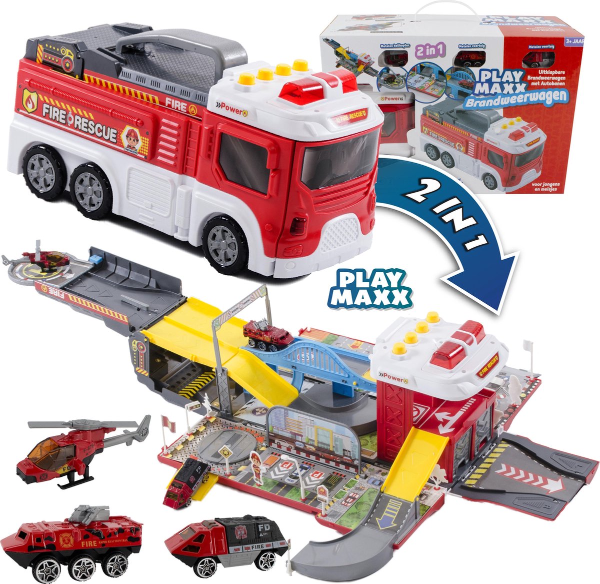 2 in 1 Brandweerwagen en Brandweerstation - Uitklapbaar - Licht & Geluid - Autobaan - Auto Speelgoed Jongens - Brandweer vrachtwagen - Brandweerauto Station met Accessoires - Incl. Helikopter en Auto's - PlayMaxx