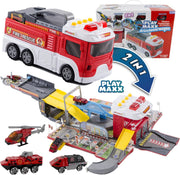 2 in 1 Brandweerwagen en Brandweerstation - Uitklapbaar - Licht & Geluid - Autobaan - Auto Speelgoed Jongens - Brandweer vrachtwagen - Brandweerauto Station met Accessoires - Incl. Helikopter en Auto's - PlayMaxx