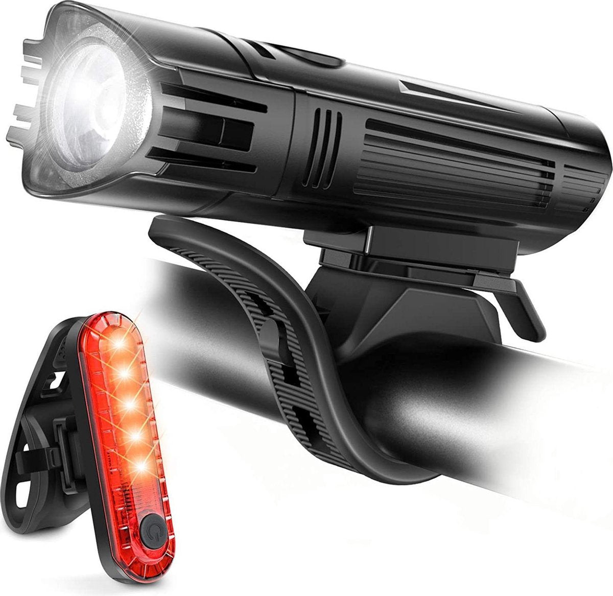 Fietsverlichting USB oplaadbaar - 1800mAh Lithium Battery - IPX4 - LED verlichting - Voor en Achter - Waterdicht - Inclusief USB Kabel en Siliconen Bevestigingsriemen - voor mountain fietsen of stadsfietsen - Wit & Rood