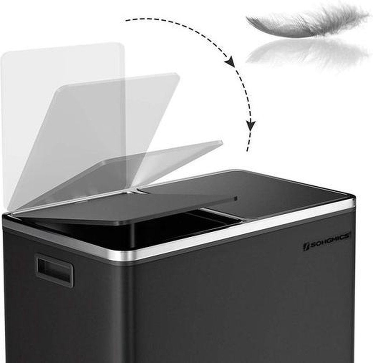 Songmics - Prullenbak - 60 Liter Inhoud (2x30) - Met 2 Gescheiden Bakken - RVS - Zwart