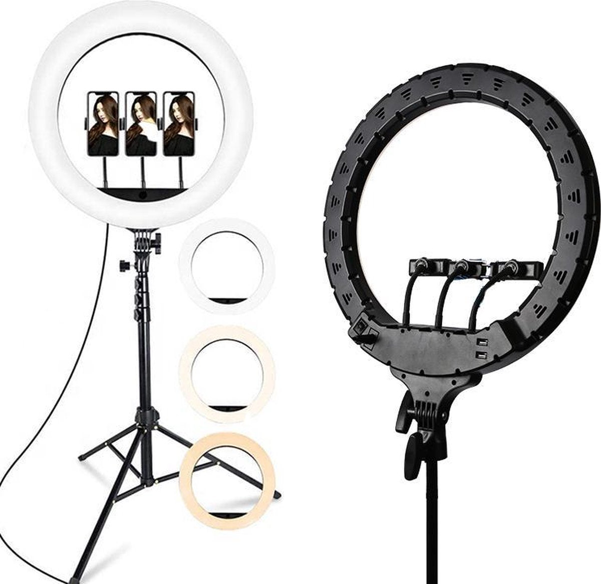 NÖRDIC RING-106 LED ringlamp met telefoonhouder -  68 tot 210 cm - Voor 3 smartphones - Zwart