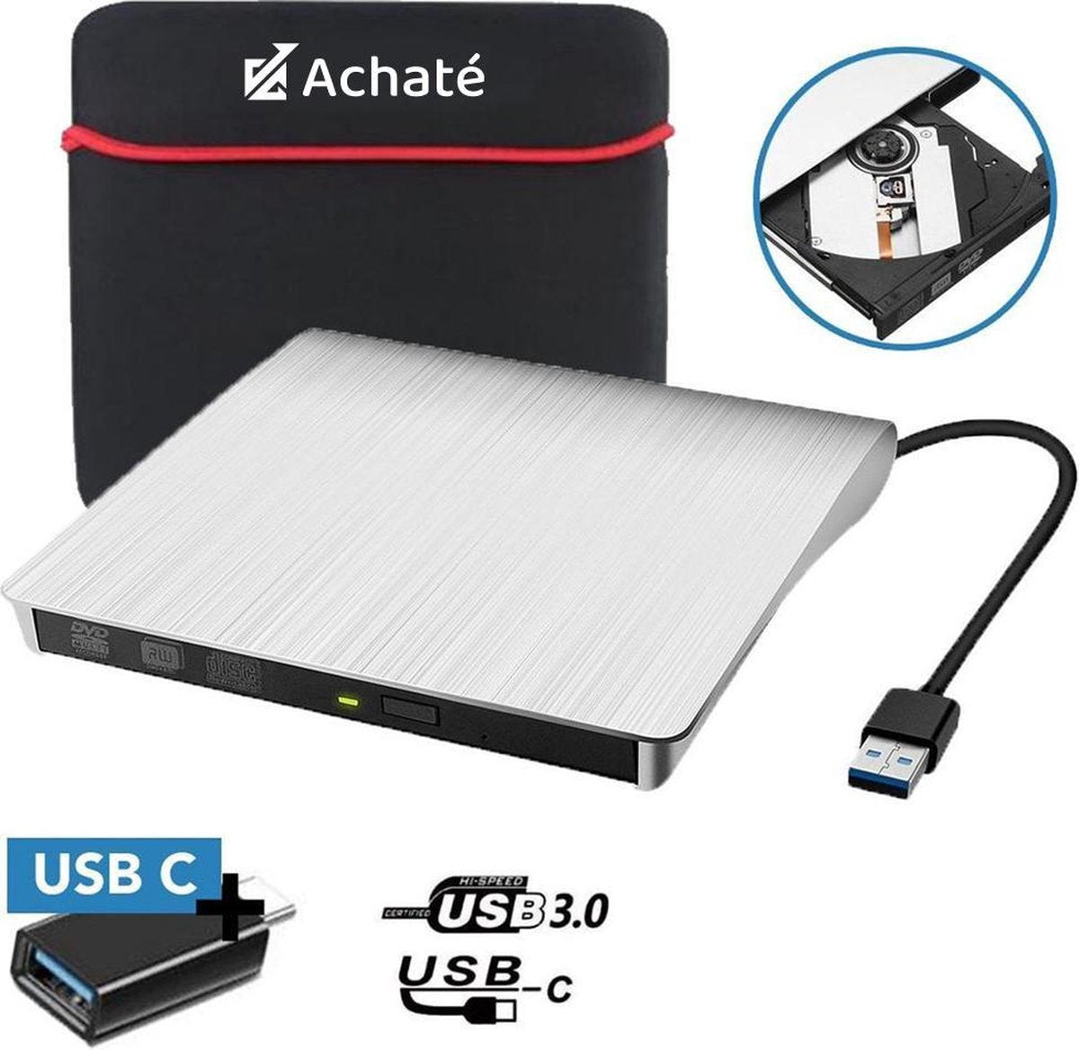 Achaté Externe DVD/CD Speler 3.0 en Brander voor Laptop - Windows & Mac - USB + USB-C + Beschermhoes