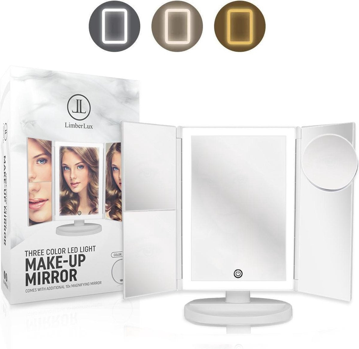 LimberLux make-up spiegel - 3 kleuren dimbaar LED verlichting - 4 vergrotingsfactoren - Inc. Batterijen