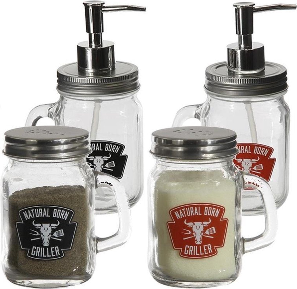 2x Barbecue sausdispensers/sausflesjes en peper/zout vaatjes/strooiers - Barbecue tafel dekken - Saus dispenser/fles/pot