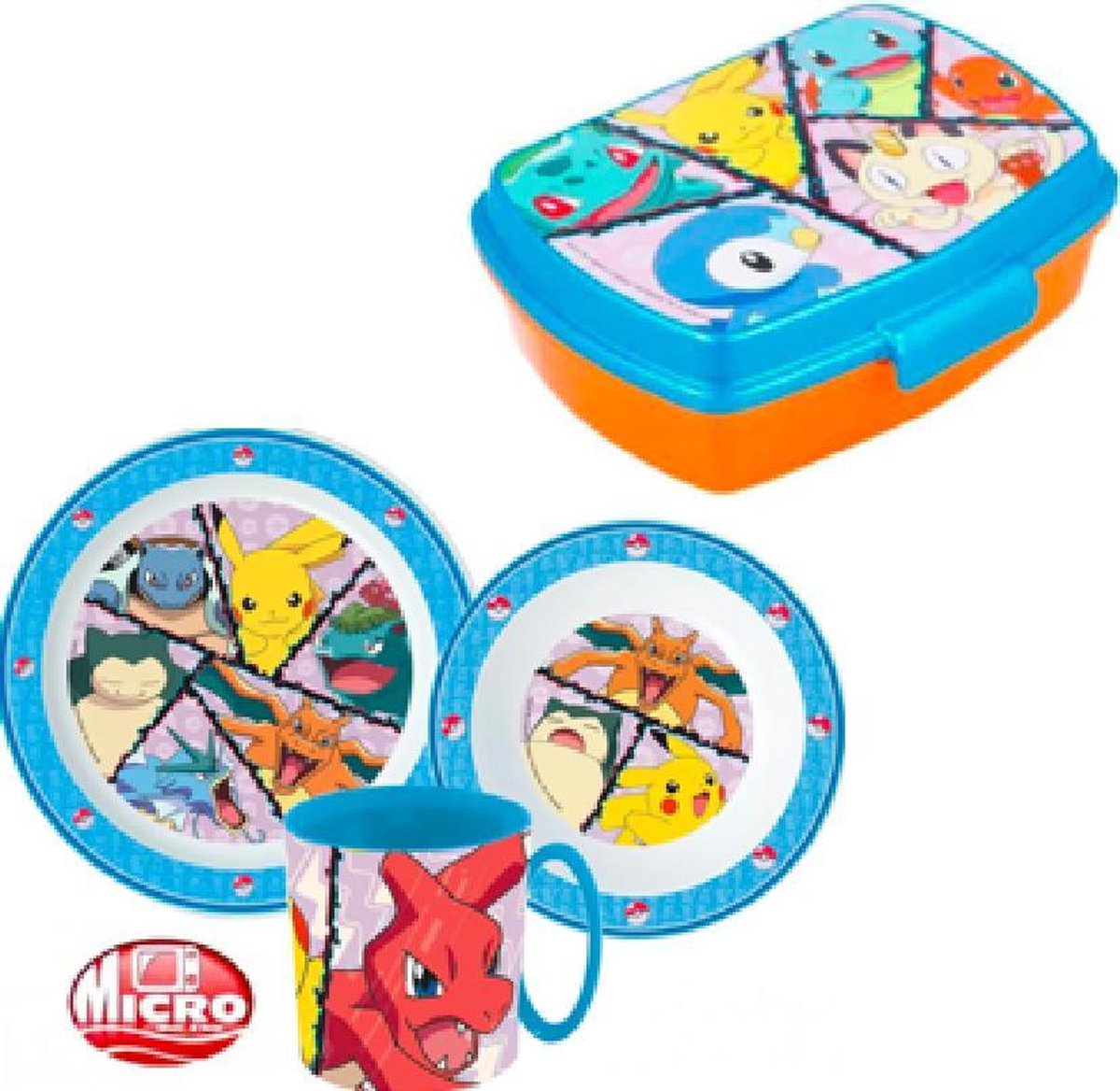 Pokémon 4 delig set - ontbijtset ( bord - kom - grote beker 350ml ) +  broodtrommel/brooddoos