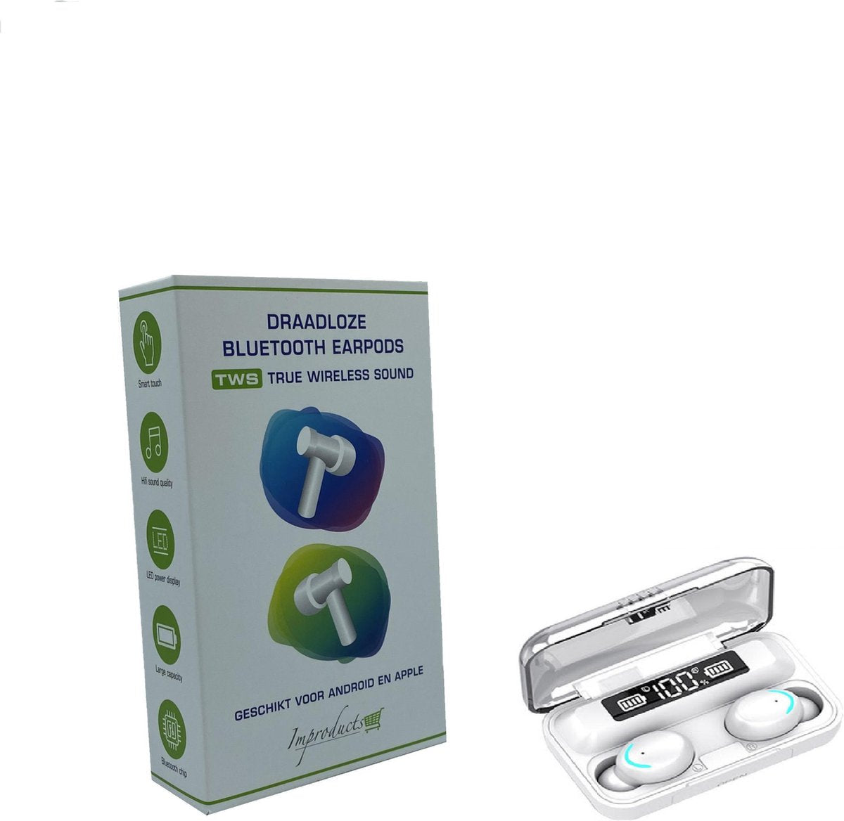 Improducts F6 Wireless Earphones - Draadloze Oordopjes - Draadloze Oortjes - Bluetooth Oordopjes -  - Bluetooth Oortjes incl. powerbank White / Wit