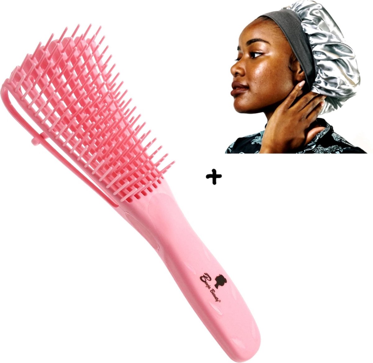 BenjaBeauty® Anti klit haarborstel|Inclusief BenjaBeauty® Satijnen slaapmuts|Haarverzorging|Satin bonnet|Roze