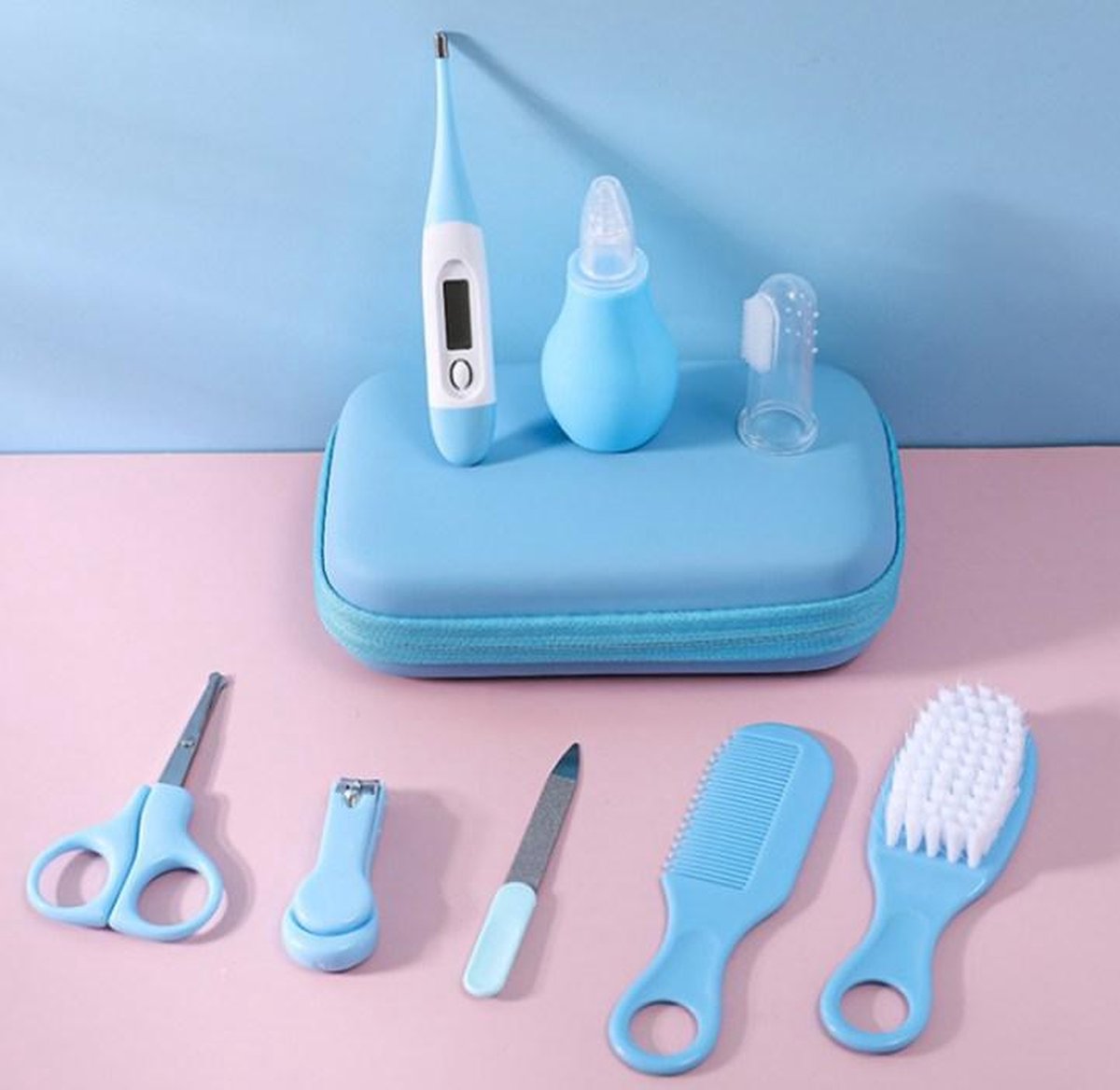 9-delige Baby verzorgingsset - Baby borstel - Baby verzorgingsproducten - Baby nagelsetje - Manicure set - Kraam cadeau - Blauw + GRATIS opberg/-reisdoosje