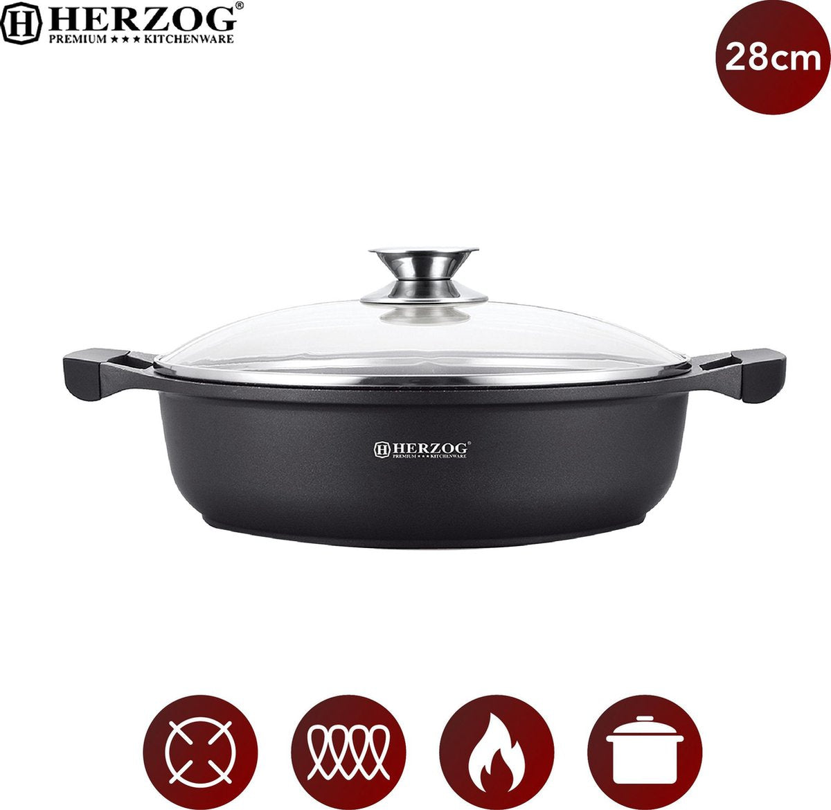 Herzog: Marmer Gecoate met Siliconen Handgrepen - ⌀ 28cm - Pan met Deksel - Braadpan Gietijzer - Bakpan - Geschikt Voor Alle Warmte Bronnen - PFOA / LOOD-vrij