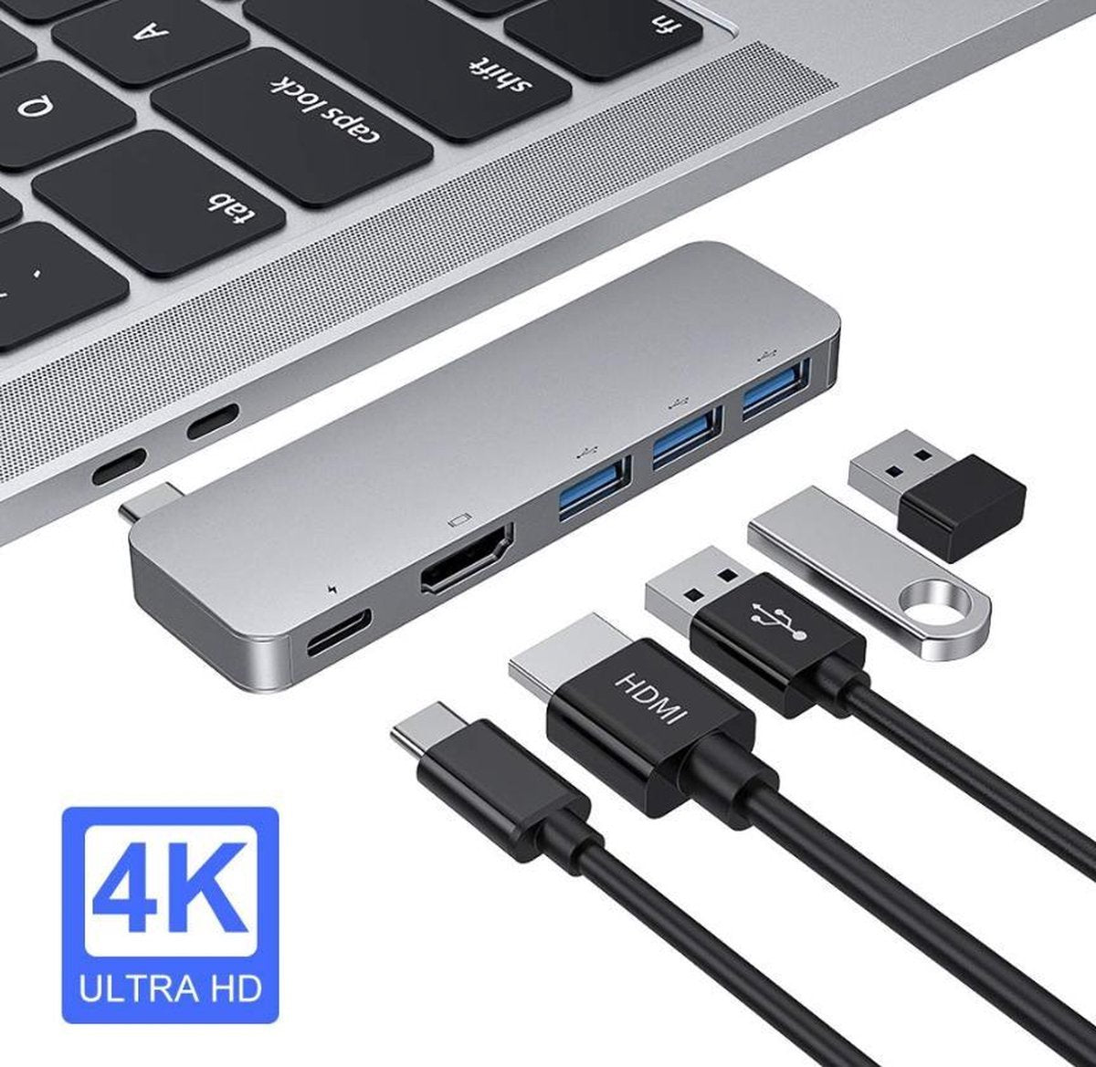USB C Adapter Hub 5 in 1 | HDMI / USB-C Power Delivery (60W) / 3* USB-A 3.0 | Voor MacBook / HP / Dell / Asus / Chromebook / Samsung