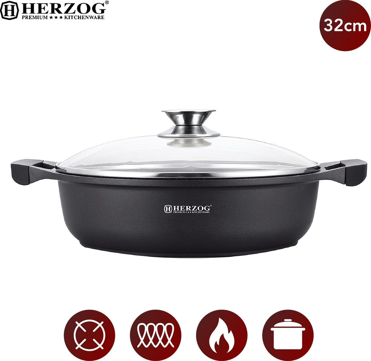 Herzog: Gegoten Braadpan met Siliconen Handgrepen - ⌀ 32cm - Pan met Deksel  - Bakpan - Geschikt Voor Alle Warmte Bronnen - PFOA / LOOD-vrij
