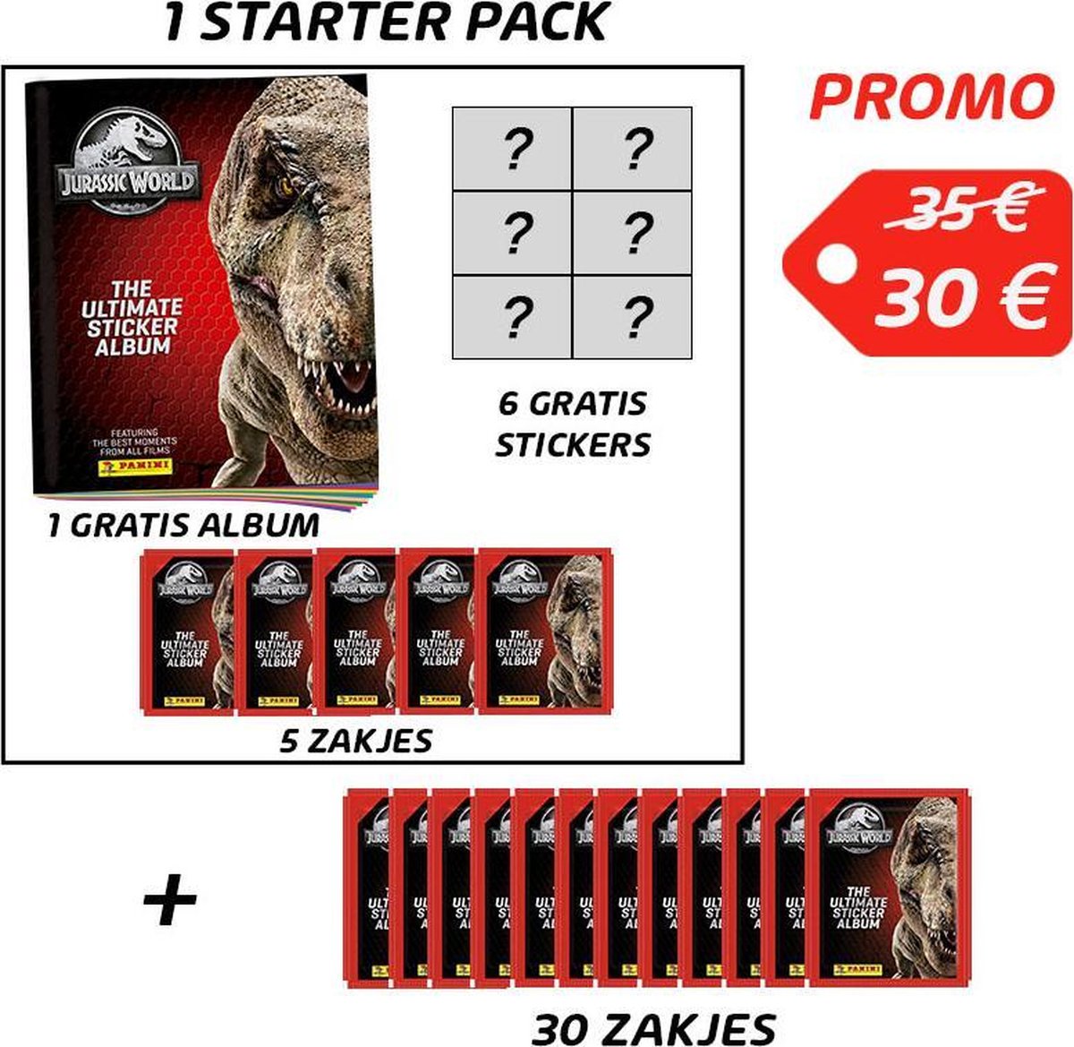 PANINI -  JURASSIC WORLD THE ULTIMATE STICKER COLLECTION - 1 STARTER PACK (1 album NL + 5 zakjes) + 30 ZAKJES - PROMO PACK