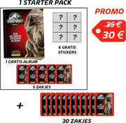 PANINI -  JURASSIC WORLD THE ULTIMATE STICKER COLLECTION - 1 STARTER PACK (1 album NL + 5 zakjes) + 30 ZAKJES - PROMO PACK