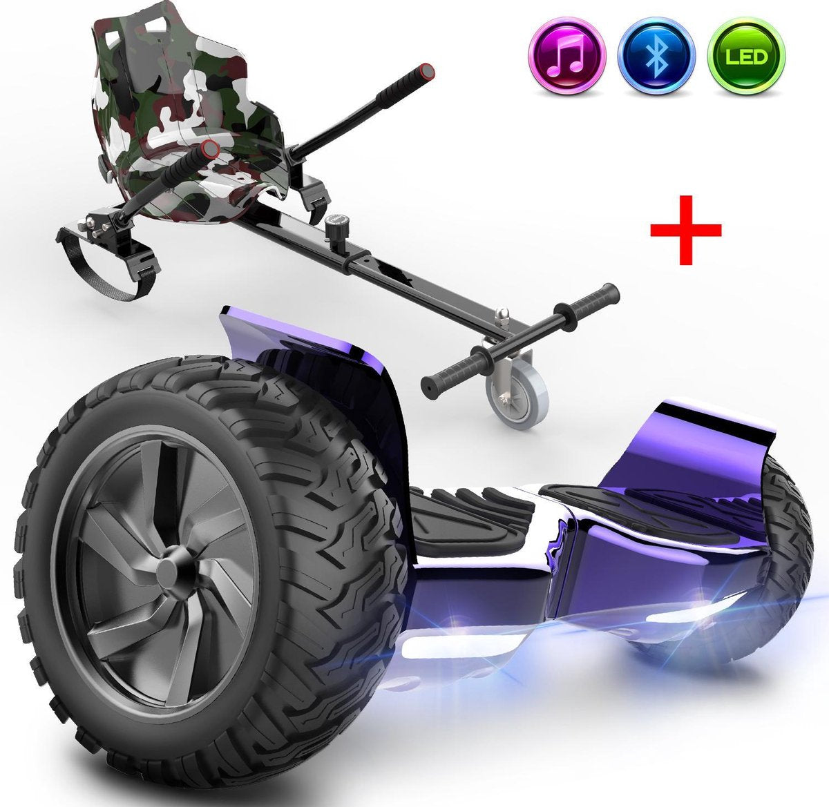 Evercross Challenger Hoverboard 8.5 Inch | 700W | Bluetooth Speaker | Paars Chroom + Hoverkart Camouflage